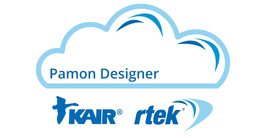 Pamon Designer -mitoitusohjelman logo sekä KAIR- ja rtek-logot