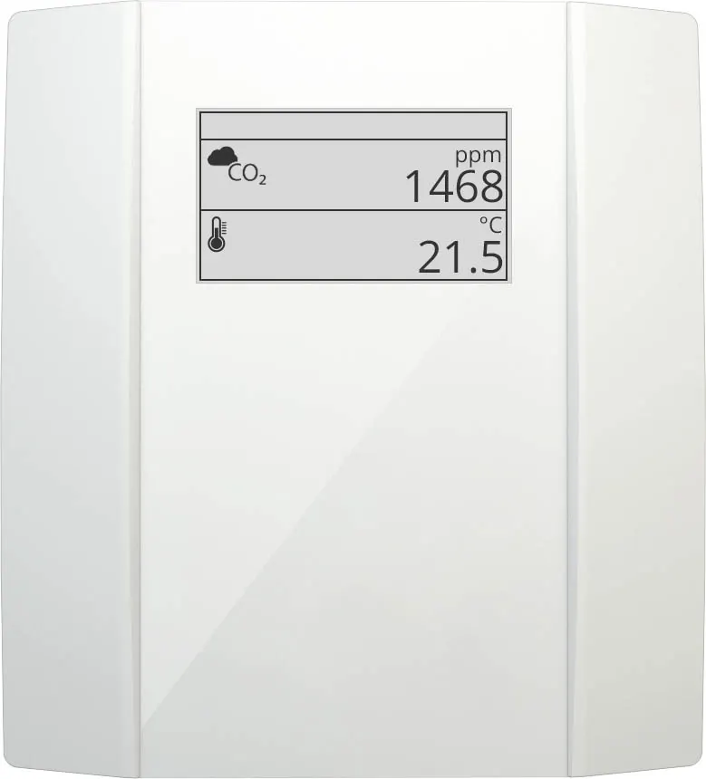Valkoinen NOVOS 3 -huoneanturi, jonka e-paper-näytöllä CO2-pitoisuus ja lämpötila
